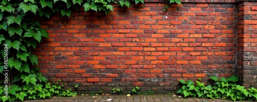 Weathered red brick wall with ivy vines and moss, overgrown, garden