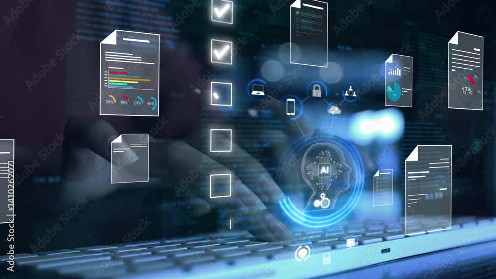 Ai Futuristic Document management concept, check electronic documents on digital documents on virtual screen Document Management System and process automation to efficiently document paperless operate