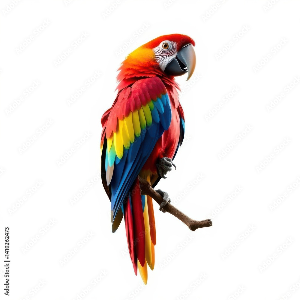 Obraz premium A vividly colored parrot perched on a branch, showcasing vibrant feathers against a clean, bright background.