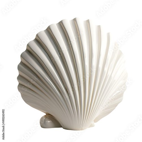 Detailed white seashell with fluted ribbed texture and natural curved shape shown isolated on a transparent background without additional elements or shadow effects