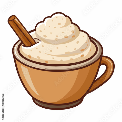 A cup of coffee topped with cinnamon, accompanied by a silver spoon resting beside it on a wooden table.