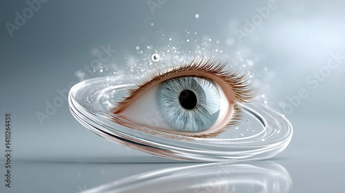 Futuristic eye with swirling transparent ring, light particles, and reflective surface