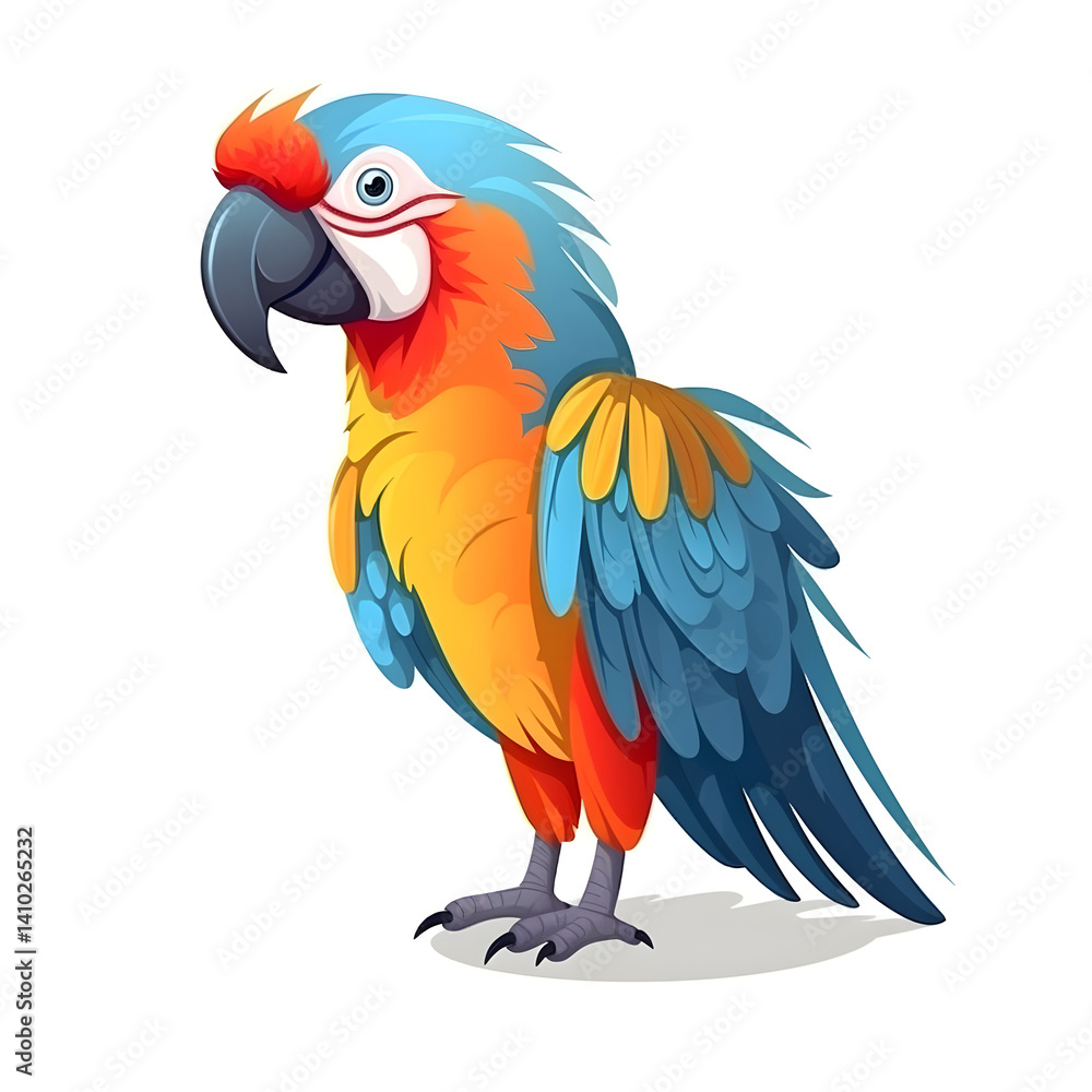 Fototapeta premium cute cartoon macaw with oversized beak big round eyes and fluffy tail feathers colorful vector illustration white background