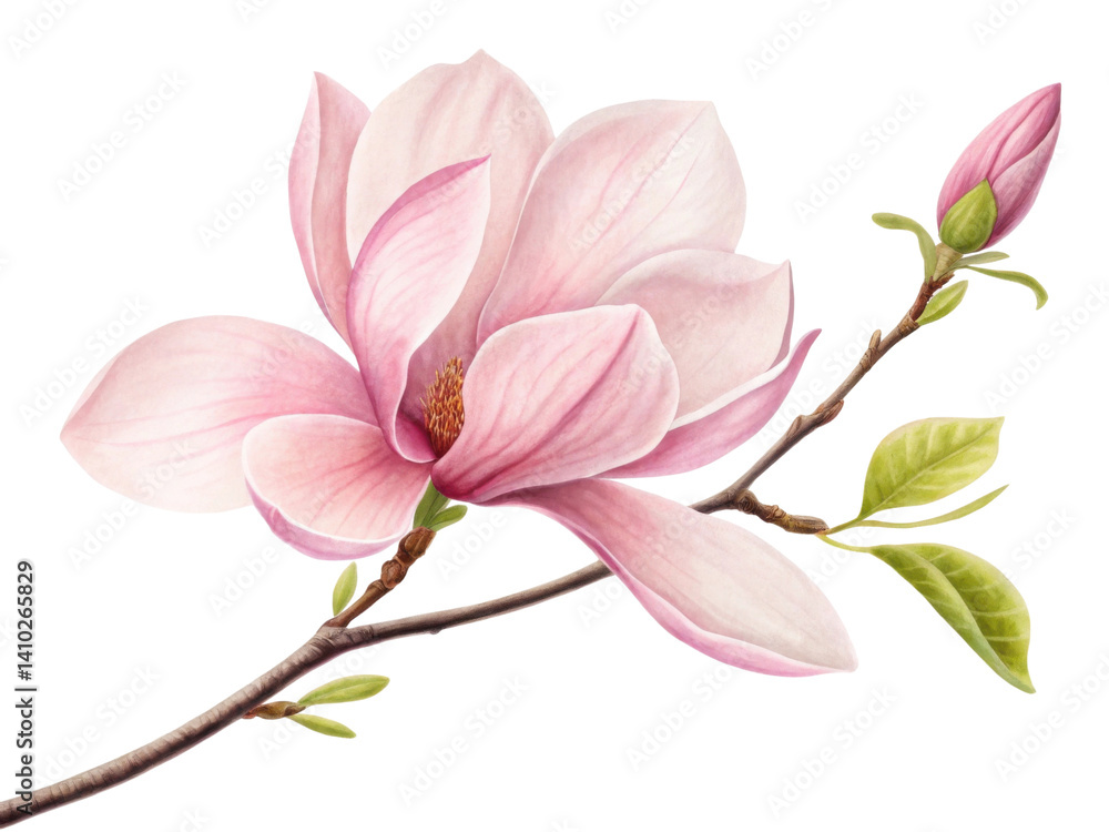 Fototapeta premium beautiful magnolia flower blooms gracefully, showcasing delicate pink petals and vibrant green leaves, symbolizing elegance and renewal