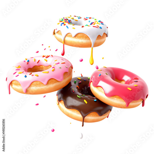 Delicious sweet donuts with frosting and sprinkles bakery treat for dessert deliciousness and sugar rush on transparent background