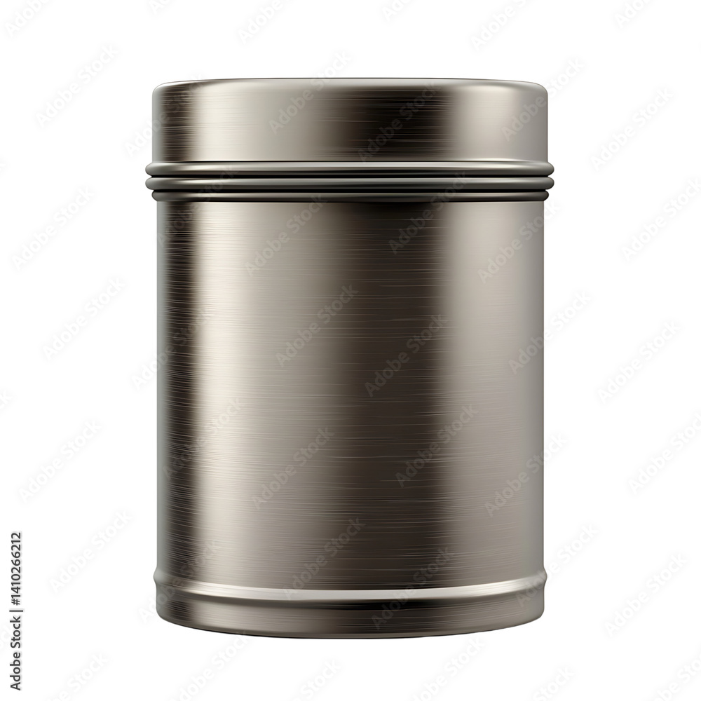 Realistic gold colored round tea tin can with matching lid and metallic finish shown cleanly isolated on a transparent background with no shadow or label elements