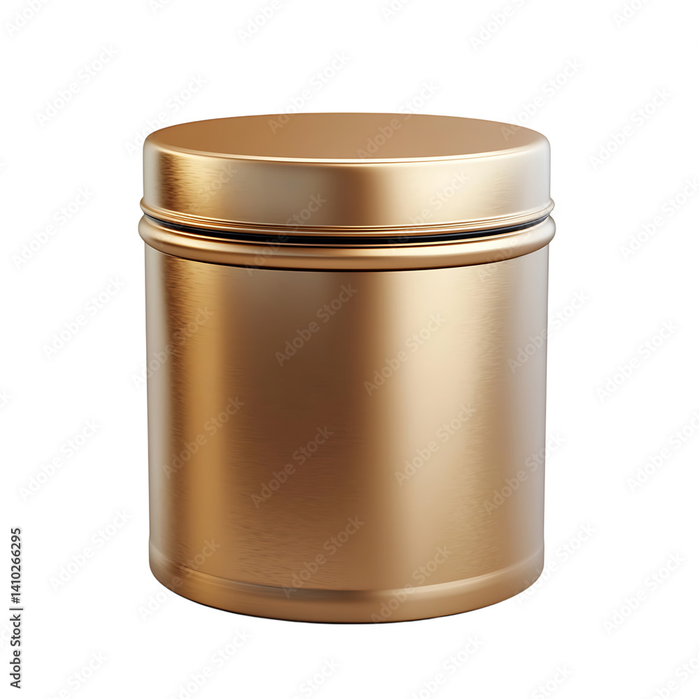 Realistic gold colored round tea tin can with matching lid and metallic finish shown cleanly isolated on a transparent background with no shadow or label elements