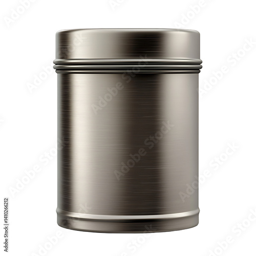 Realistic gold colored round tea tin can with matching lid and metallic finish shown cleanly isolated on a transparent background with no shadow or label elements