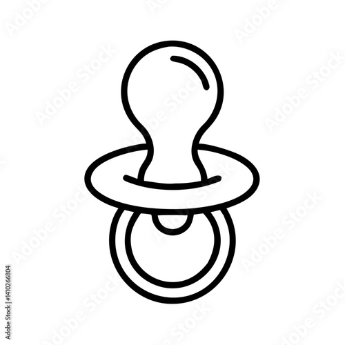 black outline icon of baby pacifier with rounded nipple and safety ring, simple comfort item vector illustration, isolated on white background