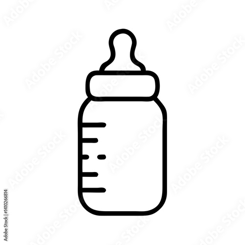 black outline icon of baby feeding bottle with nipple and measurement scale, simple infant nutrition vector illustration, isolated on white background