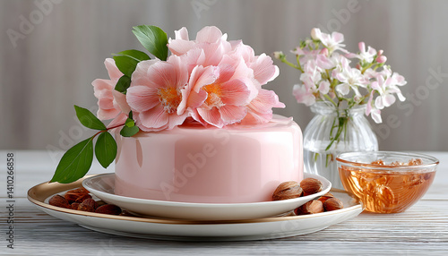 Wallpaper Mural Pink mousse cake adorned with flowers, served on elegant plates with nuts and tea Torontodigital.ca