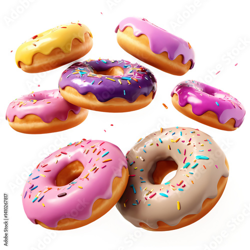 Delicious colorful doughnuts assortment with sprinkles for bakery shop sweet treats and desserts on transparent background