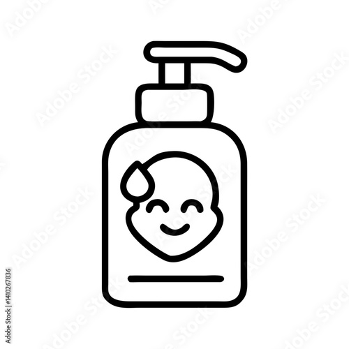 Minimal black line icon of baby shampoo or soap bottle with pump dispenser and child face symbol, isolated infant hygiene product on white background