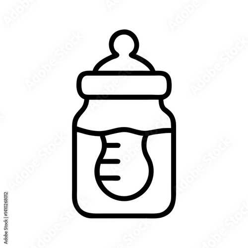 Minimal black line icon of baby bottle with nipple and measurement marks, isolated vector symbol of infant feeding, newborn care and parenting essentials