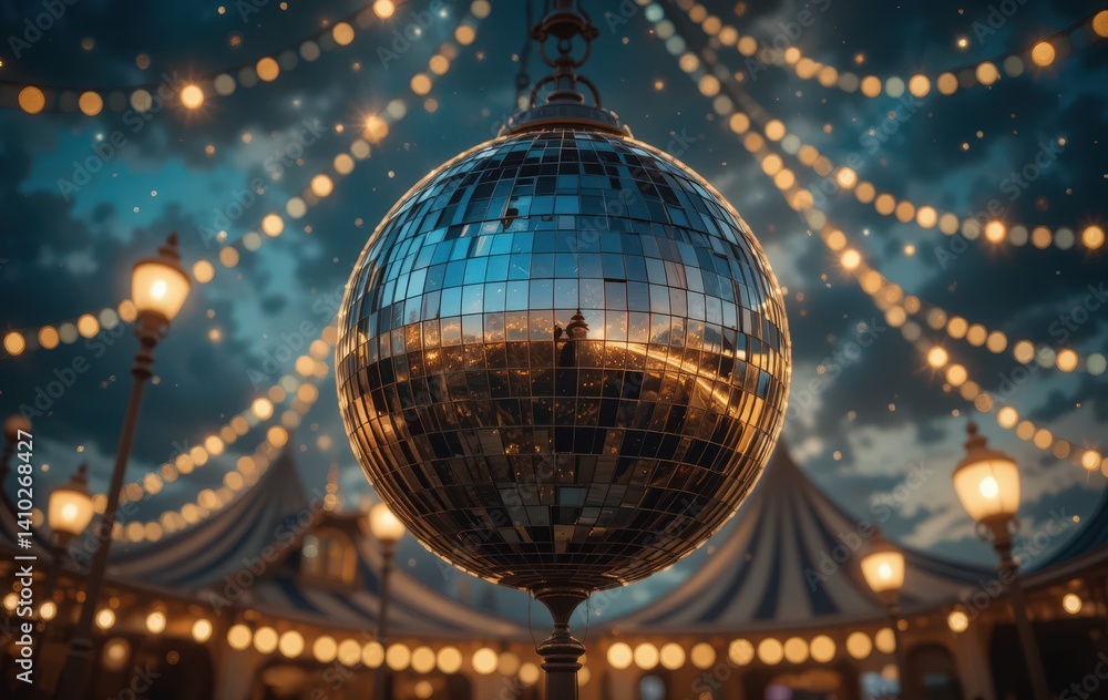 Obraz premium A shimmering mirror ball dangles gracefully from the ceiling, reflecting colorful lights that dance across the room, creating a vibrant and festive atmosphere perfect for celebrations.