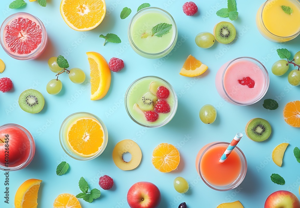 Colorful Fruit Juices and Slices on Blue Surface with Fresh Ingredients Colorful Fruit Juices and Slices on Blue Surface with Fresh Ingredients