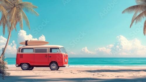 Red Vintage Van with Surfboard on Tropical Beach
