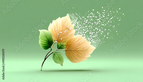 Two leaves, one transforming, sparkling particles on a green background