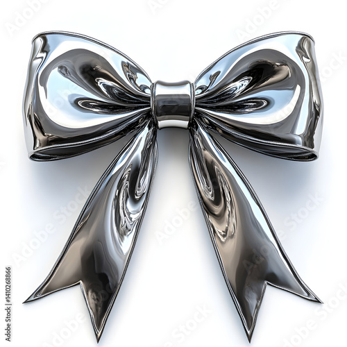 Shiny silver bow reflecting light on white background