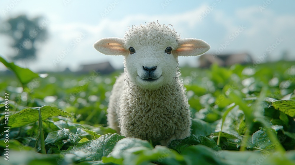 Obraz premium Adorable lamb standing in a lush green field under a clear blue sky