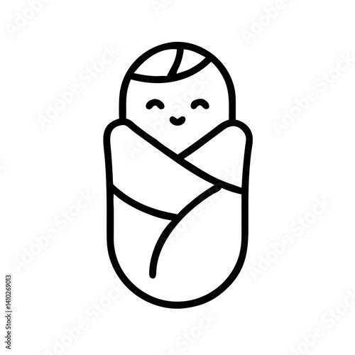 black outline icon of smiling newborn baby swaddled in blanket, simple cute infant symbol, vector illustration, isolated on white background