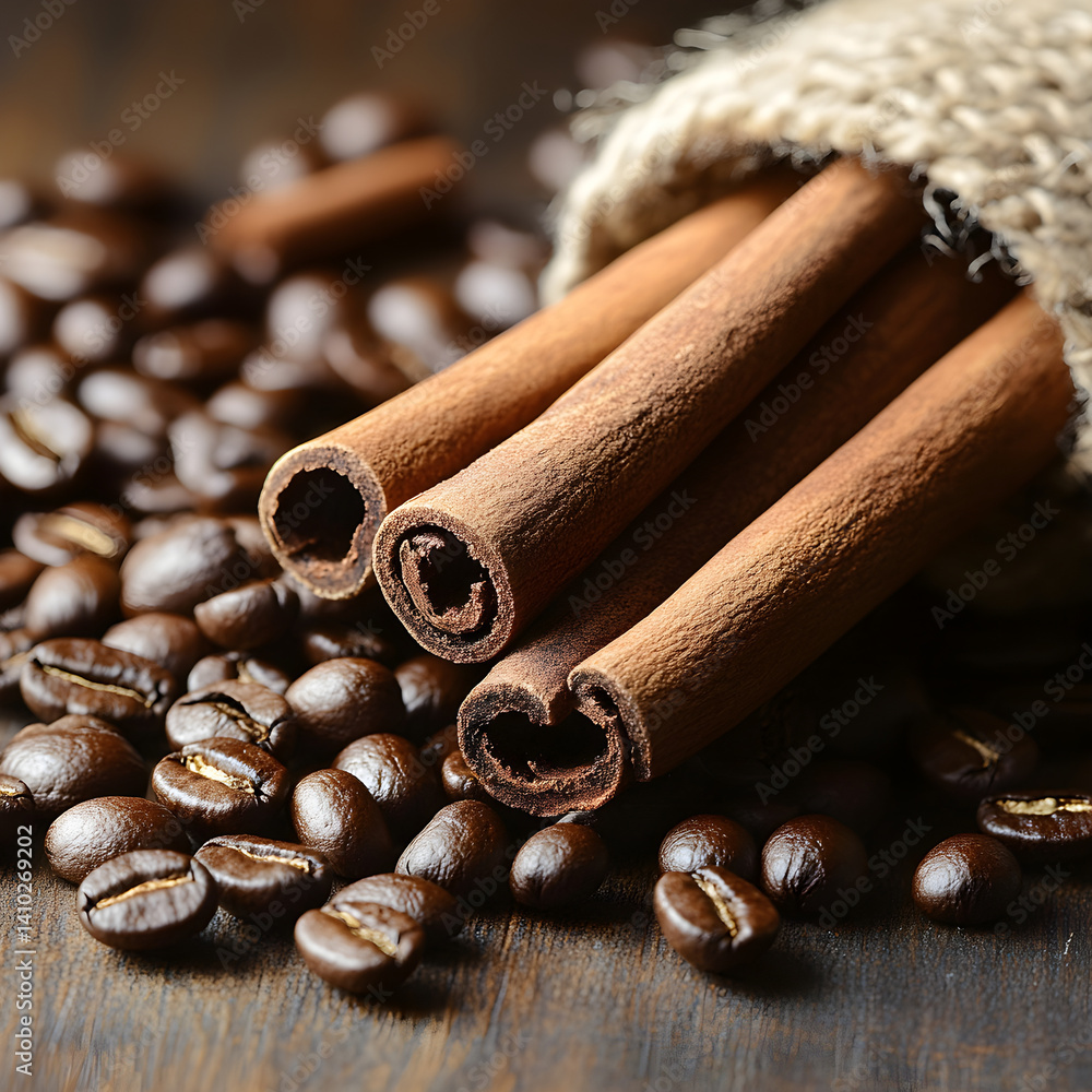 Cinnamon sticks resting on roasted coffee beans