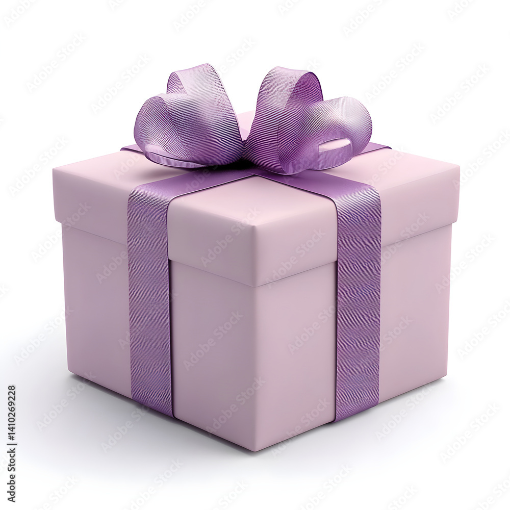 Purple gift box wrapped with matching ribbon on white background
