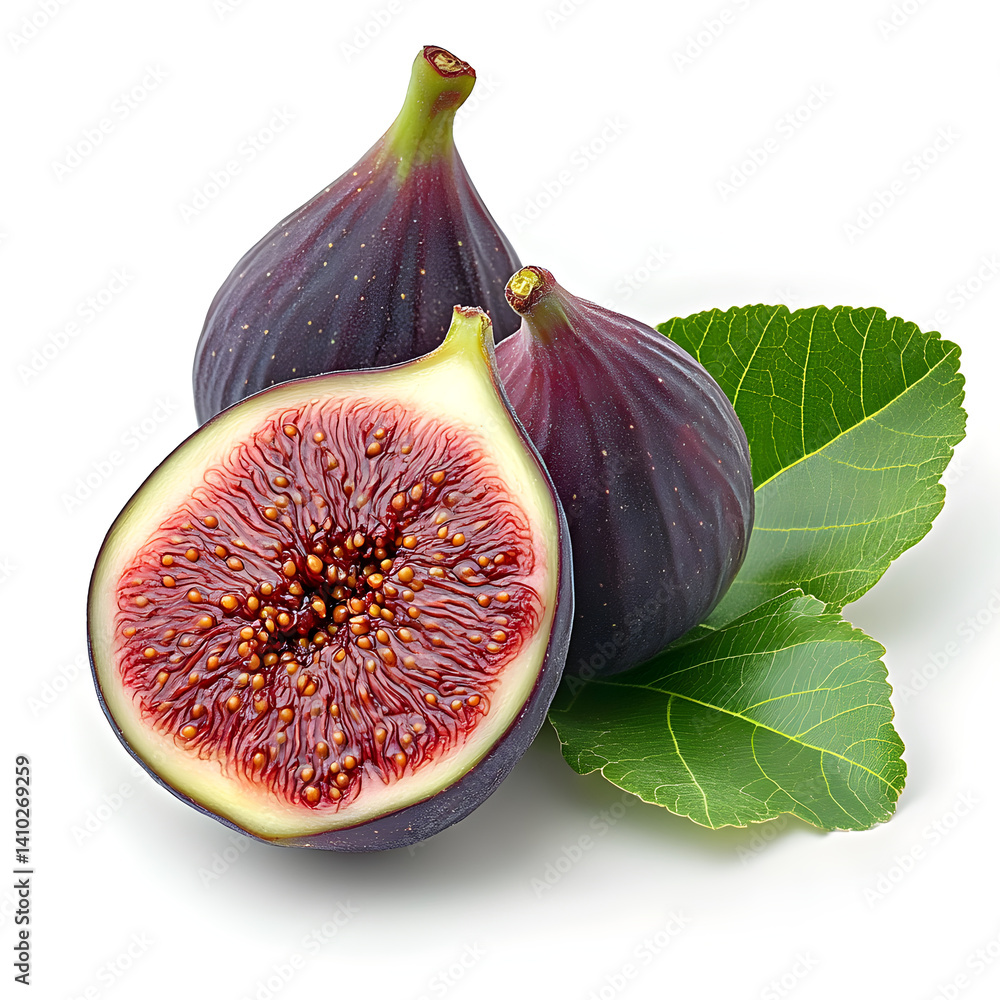Fresh figs with leaves showing ripe red interior on white background