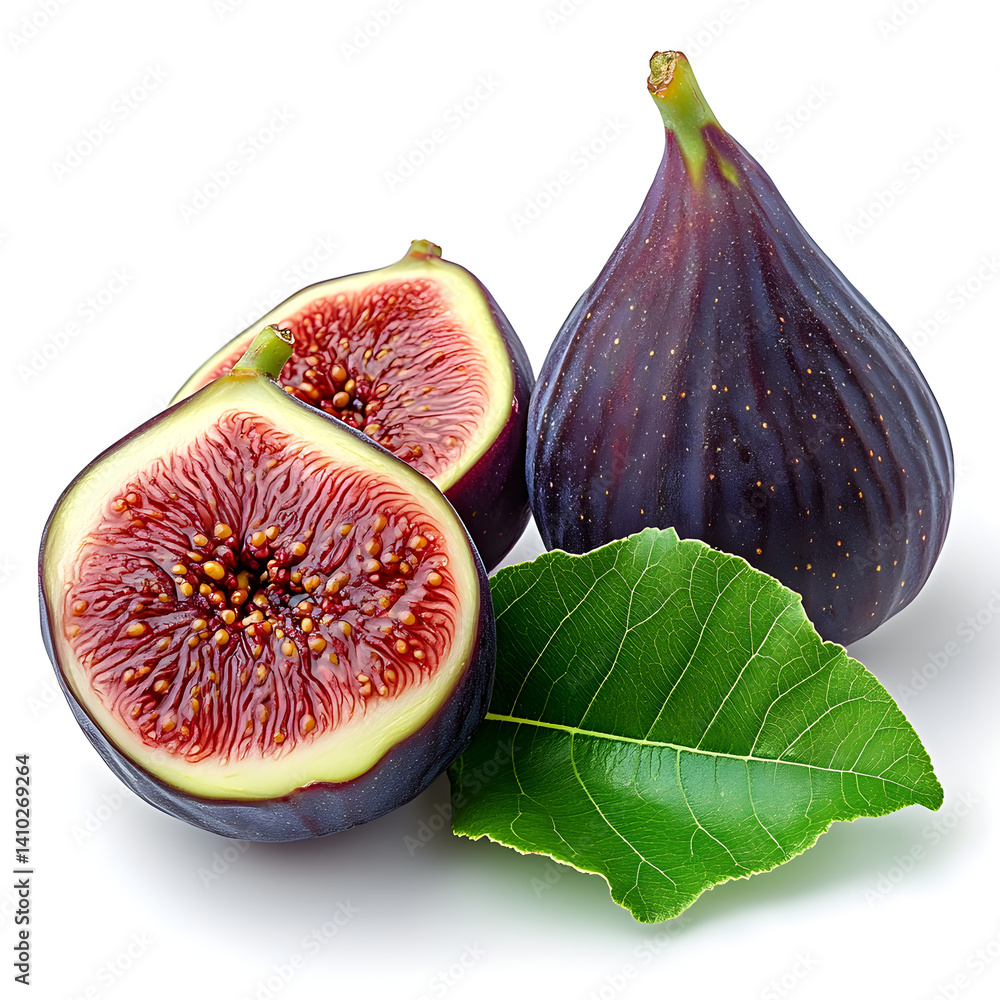Fresh figs showing ripe red interior and green leaf on white background