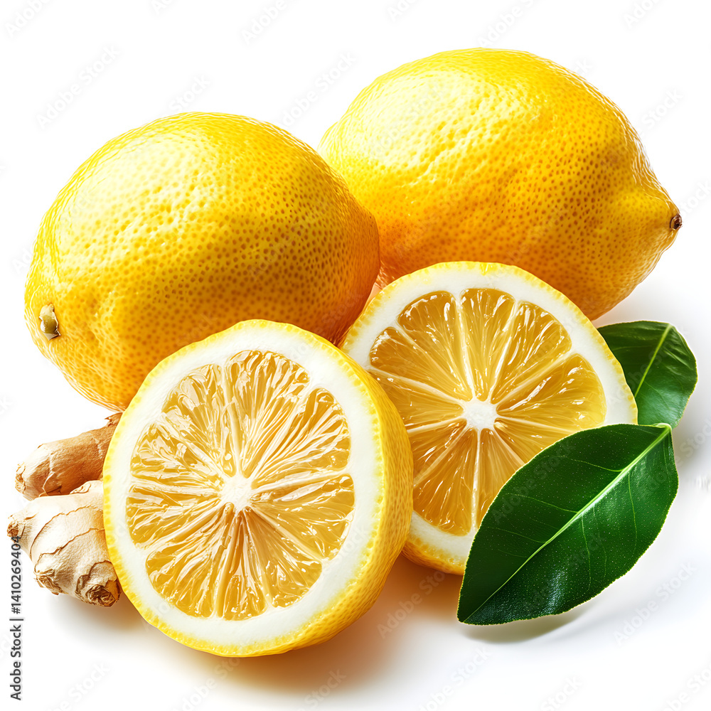 Fresh lemons and ginger root with leaves showing healthy lifestyle