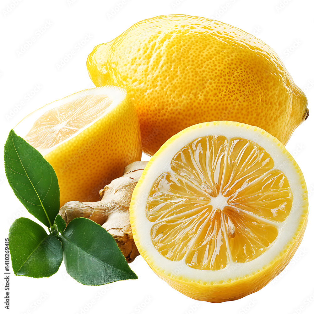 Fresh lemons and ginger root with leaves showing healthy ingredients