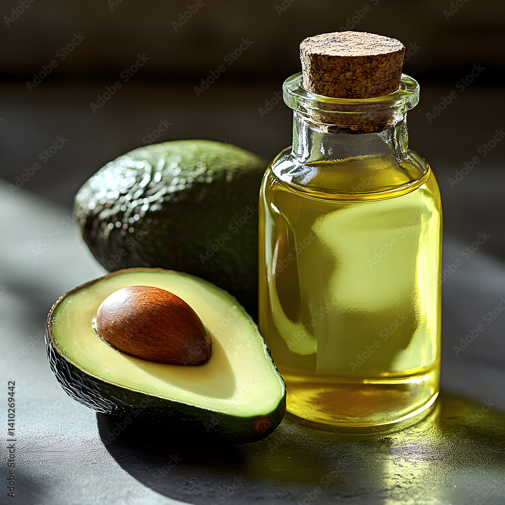 Fresh avocado oil in glass bottle with ripe avocados