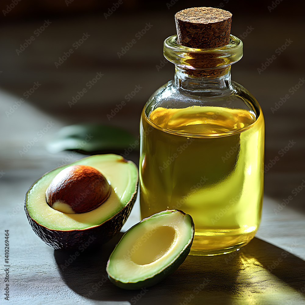 Glass jar with avocado oil and fresh avocados on wooden table