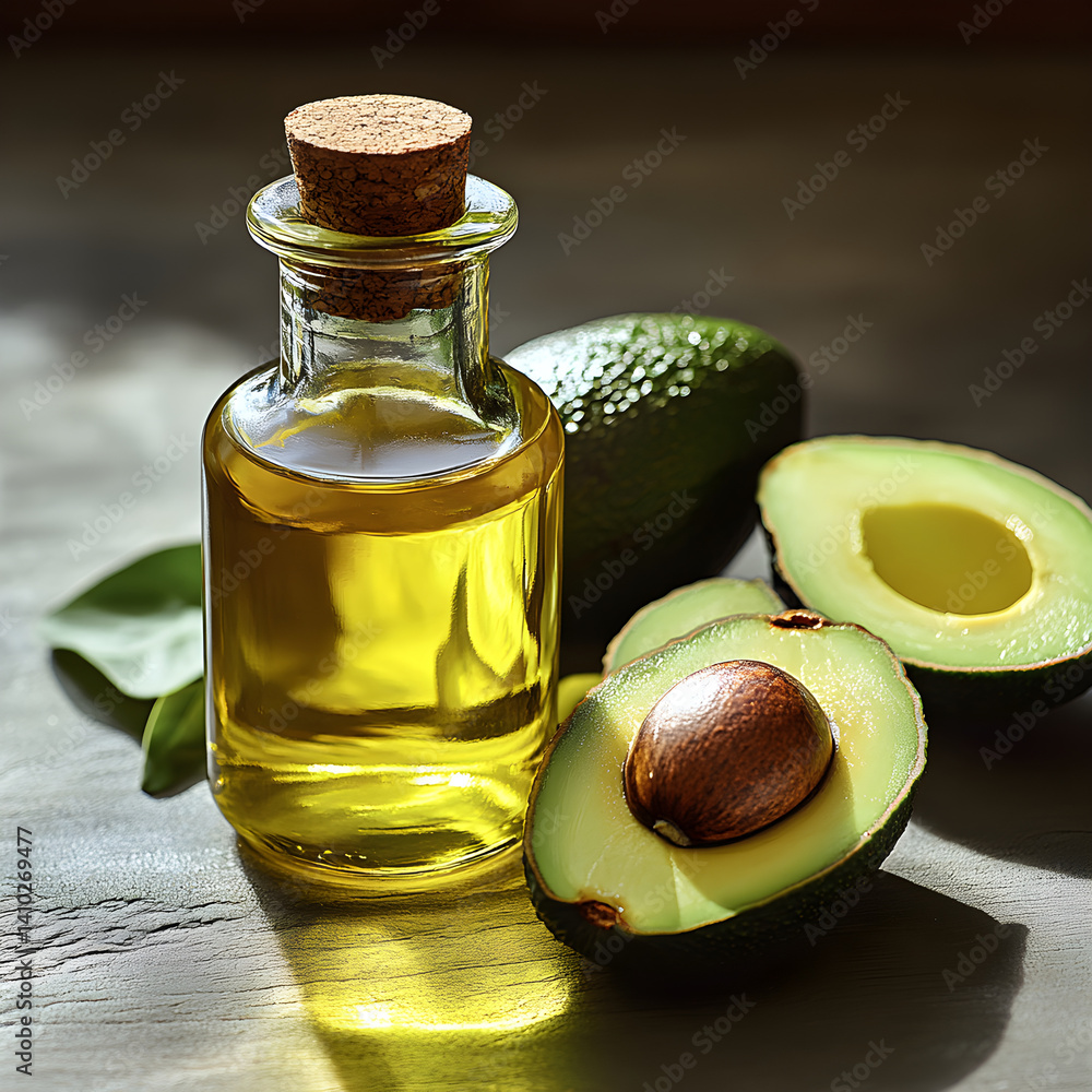 Glass jar filled with avocado oil and fresh avocados on rustic table