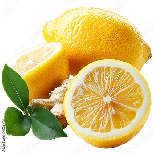 Obraz na płótnie Fresh lemons and ginger root with leaves showing healthy ingredients w salonie