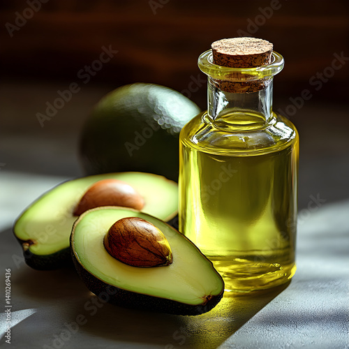 Fresh avocado oil in glass bottle with ripe avocados on table