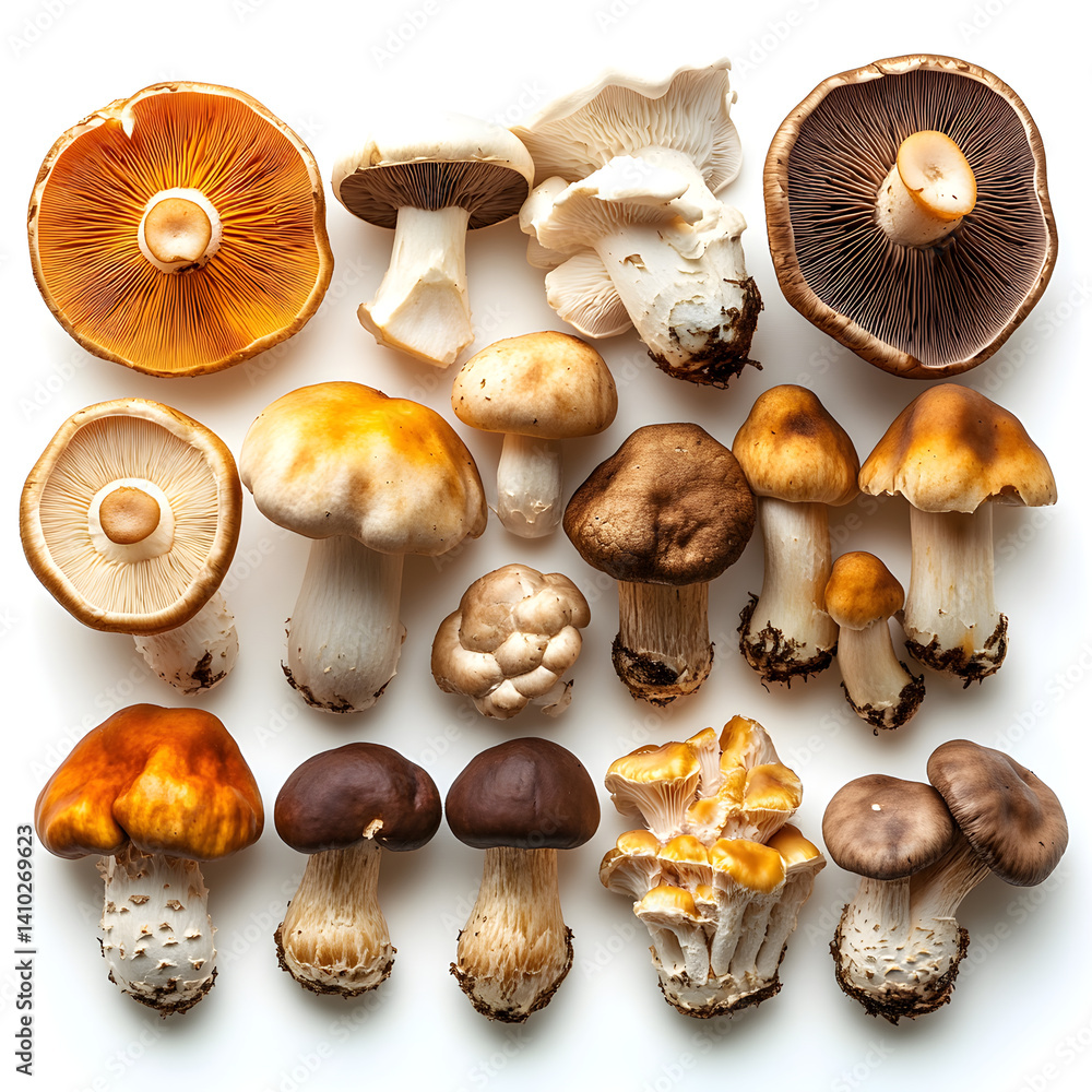 Variety of mushrooms displaying vibrant colors and unique textures on white background