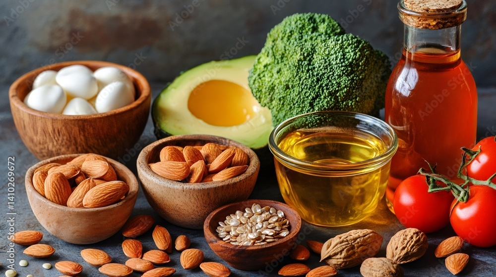 Selection of healthy fats, including nuts, avocado, and olive oil, promoting wellness