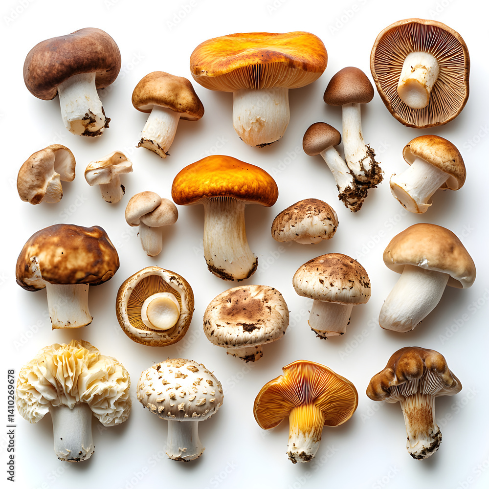 Variety of edible mushrooms displayed on white background