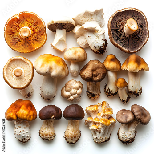 Obraz na płótnie Variety of mushrooms displaying vibrant colors and unique textures on white background w salonie