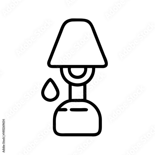 black line icon of aroma diffuser lamp with drop of essential oil, minimalist vector style, isolated on white background, spa concept