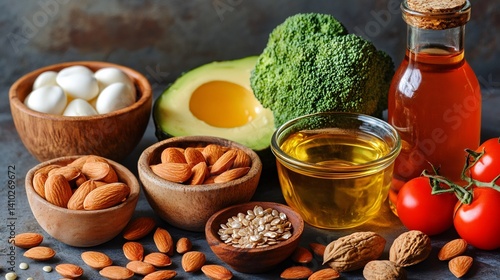 Obraz na płótnie Selection of healthy fats, including nuts, avocado, and olive oil, promoting wellness w salonie