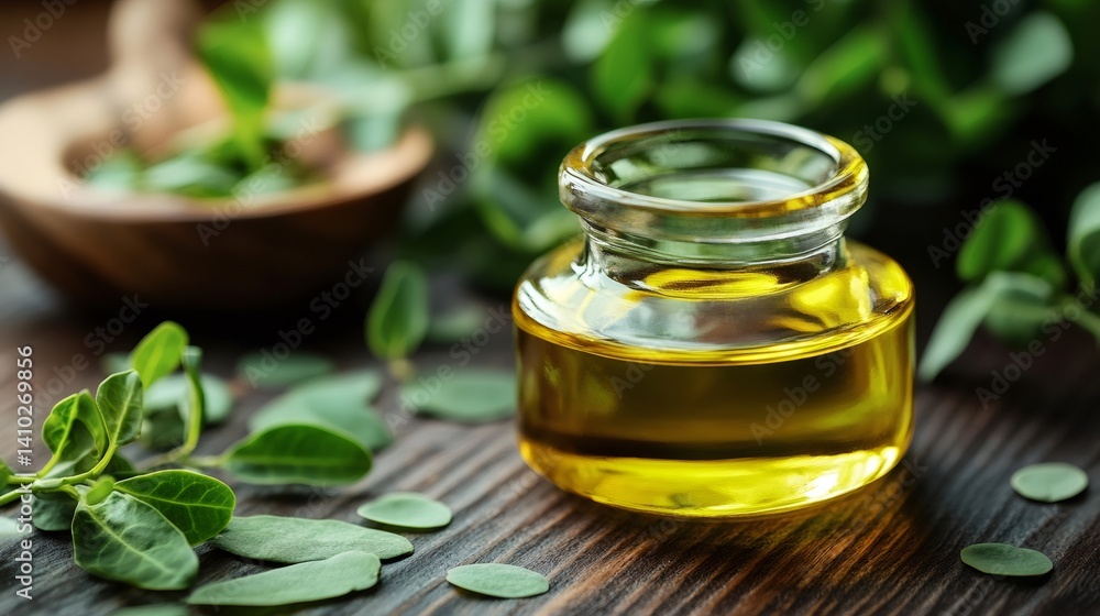 Moringa oil in glass jar with fresh moringa leaves on wooden table