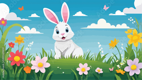  Poster with paper cut rabbit, flowers and spring grass, blue sky background. easter bunny with eggs