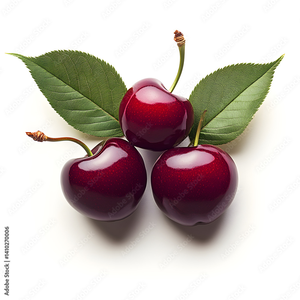 Three ripe cherries with leaves resting on white background