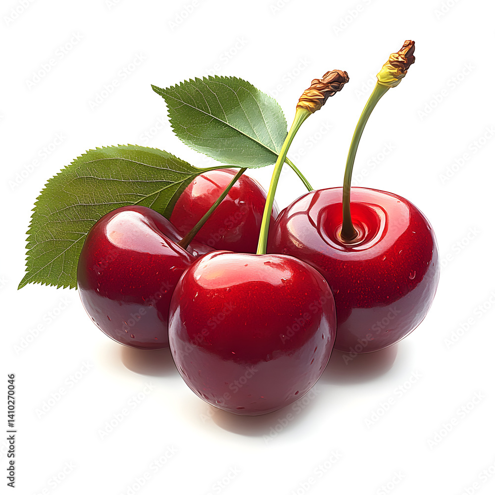 Four glossy red cherries with stems and leaves resting on white background