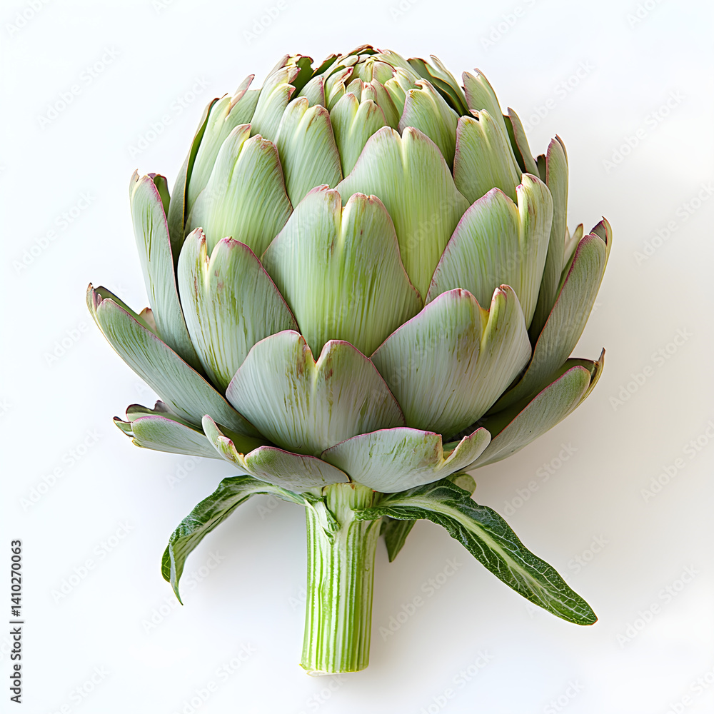 Fresh artichoke showing its textures and green tones on white background