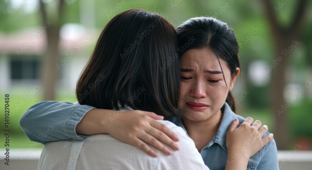 Emotional women hugging and comforting each other in a green park