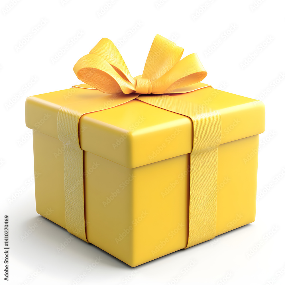 Yellow gift box wrapped with matching ribbon on white background