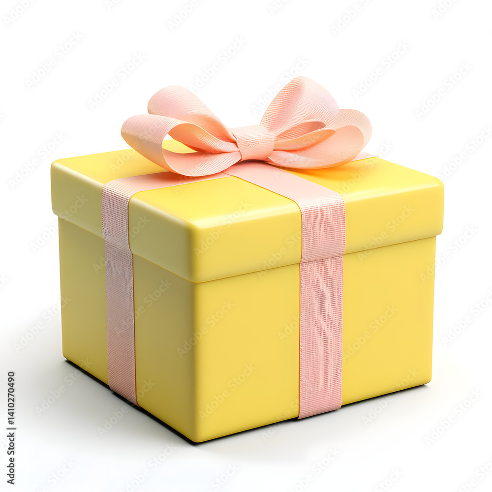 Yellow gift box wrapped with pink ribbon on white background